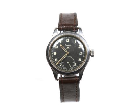 A rare British Military issue Grana W.W.W. stainless steel manual wristwatch. With black dial bearing the broad arrow mark, h