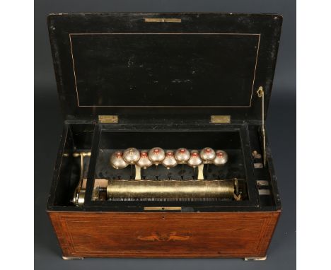 A nineteenth century Swiss rosewood cased cylinder musical box playing on nine bells, 33cm wide. Condition Report. To be used