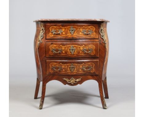 A nineteenth century French Kingwood and marquetry bombe shaped commode chest with marble top and having ormolu mounts, 87cm 