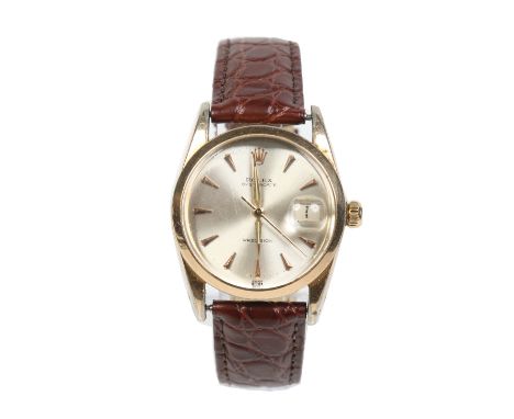 A gentleman's mid sized Rolex oyster date gold capped manual wristwatch c1960s. With satin dial, pointed baton markers, sweep