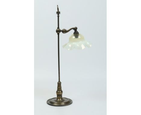A Benson style rise and fall lacquered brass students lamp with Art Nouveau vaseline glass shade, 60cm. Condition Report. To 