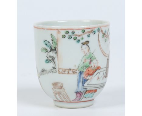 A Chinese Qianlong (1736-1795) coffee cup with loop handla and painted in coloured enamels with Mandarin figures between gilt