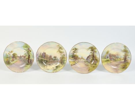 Four Royal Worcester cabinet plates painted with named landscapes. Two by N. Nicholls; Welford on Avon and Harrington. The ot