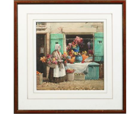 Noel Harry Leaver (1889-1951). Framed watercolour, portrait of a young girl street trader selling fruit and flowers. Signed, 