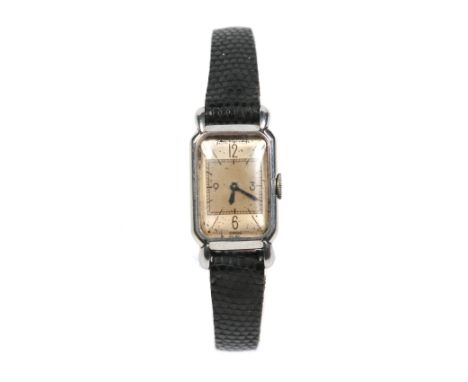 A ladies vintage Jaeger Le Coultre stainless steel manual wristwatch on leather strap. Having teardrop lugs and with canted o