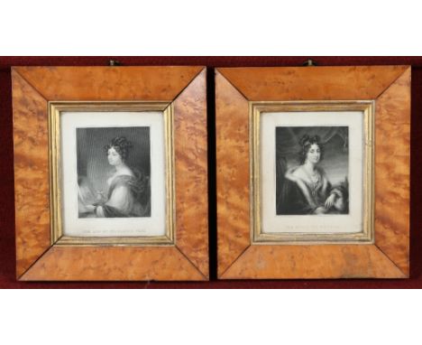Two nineteenth century portrait engravings in birds eye maple frames. The Honourable Mrs Frederick Irby and Howard, 16cm x 13