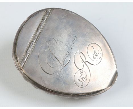 Military interest; a Georgian silver mounted cowrie shell snuff box engraved Lewis Davis (Major), 36th Regiment.  Condition R