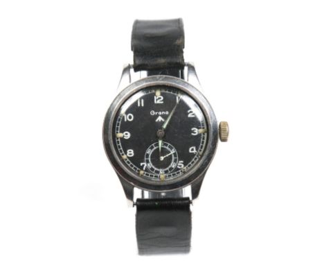 A rare British Military issue Grana W.W.W. stainless steel manual wristwatch. With black dial bearing the broad arrow mark, h