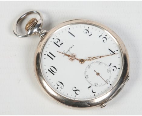 A Longines silver cased open faced pocket watch c1920. With enamel dial, Arabic numeral markers, subsidiary seconds and openw