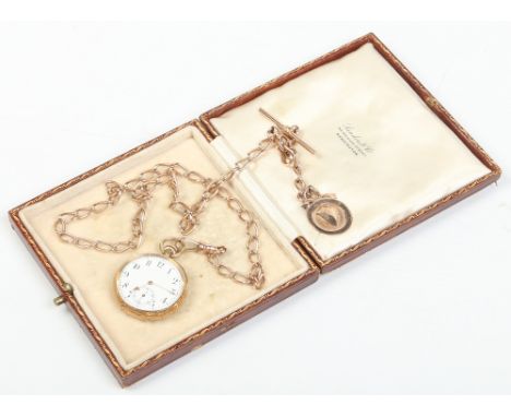 A nineteenth century engraved 18 carat gold cased swiss fob watch and associated 9 carat gold single Albert chain with T bar 