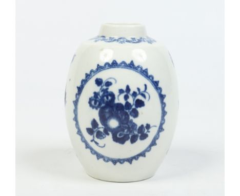 A Worcester tea canister of ovoid form. Printed in underglaze blue with the fruit and wreath pattern. Crescent mark c1770, 11