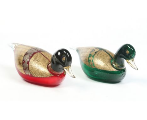 A pair of Italian art glass models of mallard ducks in the Murano style. Emerald and ruby ground and decorated with gilt and 