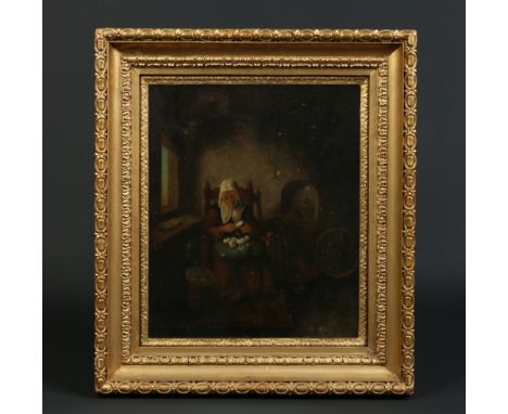 Eighteenth century Continental school gilt framed oil on mahogany panel. Genre interior scene, portrait of an old woman peeli