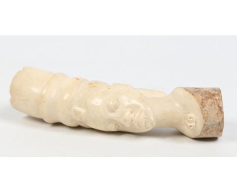 An African carved ivory tusk section formed as the bust of a tribeswoman. Belgian Congo c1920, 24cm. Condition Report. To be 