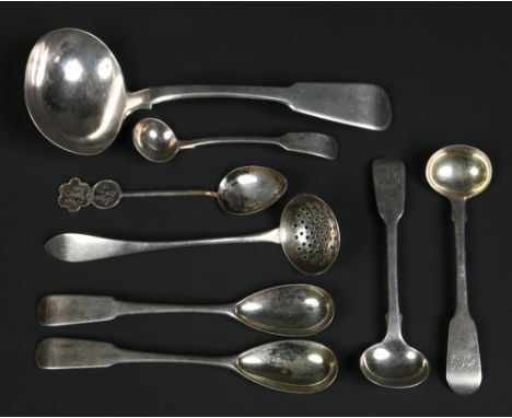 A George IV silver fiddle pattern ladle by Richard Rugg I assayed London 1821 along with six antique silver condiment spoons 