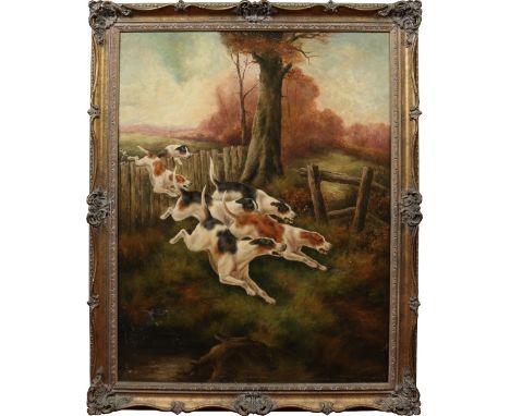 Frank Better, gilt framed oil on canvas. Fox hunting scene with a pack of hounds crossing a fence. Signed, 90cm x 70cm.