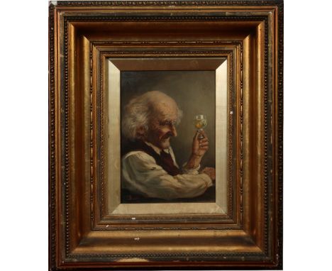 J. Burr, nineteenth century gilt framed oil on panel. Portrait of an old gentleman savouring a glass of sherry, 20cm x 15cm. 