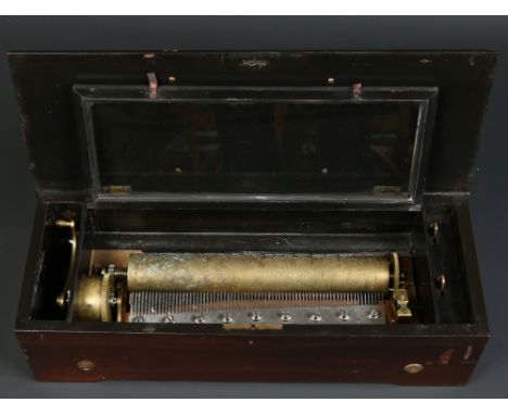 A nineteenth century Swiss rosewood cased cylinder musical box with strung and marquetry inlay to the lid. 56cm wide, cylinde