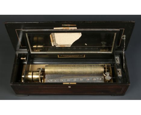 A nineteenth century Swiss rosewood cased cylinder musical box playing on 8 ayres. With strung inlay, boulle work medallion t