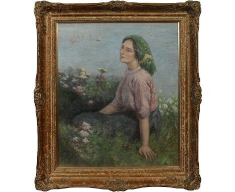 A Continental school Impressionist gilt framed oil on canvas. Portrait of a pensive young Mediterranean girl. Signed indistin