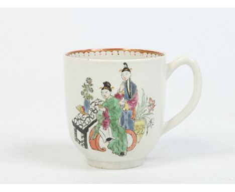 A Worcester coffee cup printed and enamelled with five Mandarin figures in an interior setting c1770, 6.25cm. Condition Repor
