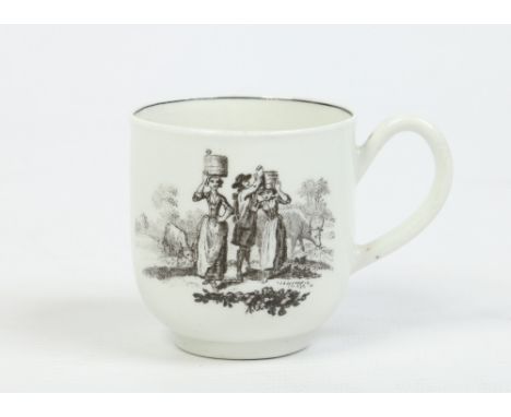 A Worcester coffee cup printed in black with the Milkmaids pattern and three cattle verso c1765, 5.75cm. Condition Report. To