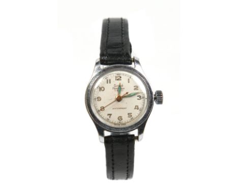 A Girard Perregaux ladies stainless steel manual wristwatch on leather strap. Having Arabic numeral markers and centre second