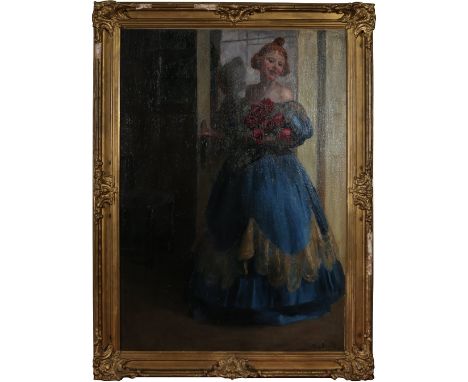 A large gilt framed oil on canvas in the Scottish Colourist style. Portrait of a girl in a flowing blue dress holding a bunch