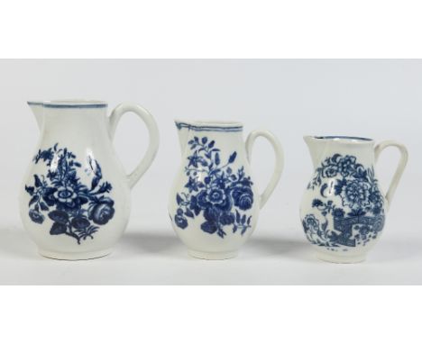 Three eighteenth century English porcelain blue and white sparrow beak cream jugs; two Worcester decorated in the Three Flowe