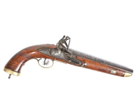 A late eighteenth century flintlock cavalry pistol. With walnut full stock and brass mounts. Proof mark of a crowned W, barre