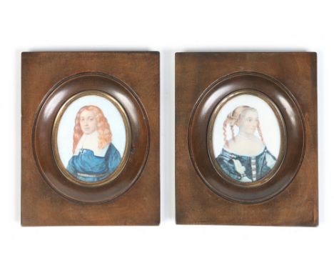 Two nineteenth century framed ivory portrait miniatures depicting figures in seventeenth century dress, 8.5cm x 6.5cm. Condit