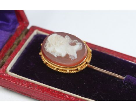 A cased yellow metal stick pin set with an oval carved hardstone cameo profile portrait of a young woman.  Condition Report. 
