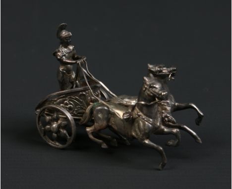 A German Neresheimer Hanau silver model of a Roman chariot with a gladiator and two horses. Punch mark for Berthold Muller. A