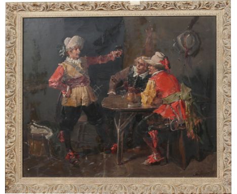 A pair of mid twentieth century Spanish school framed oils on canvas. Tavern interior scenes with conquistadors drinking and 