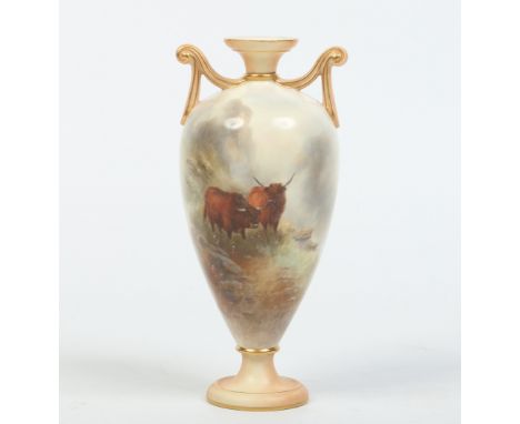 A Royal Worcester twin handled centre pedestal vase by John Stinton. Painted with a pair of long horn cattle in a highland la