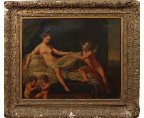 After Antonio da Correggio (1489-1534), a large nineteenth century gilt framed oil on canvas. Portrait of Jupiter and Danae w