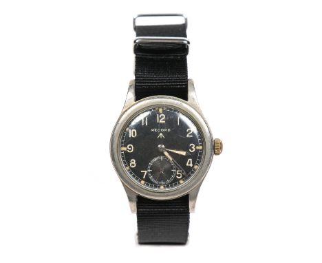 A British Military issue Record W.W.W. stainless steel manual wristwatch. With black dial bearing the broad arrow mark, havin