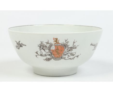 A Worcester bowl printed and painted with the Arms of the Marke family of Liskard, printed also with a portrait of the King o