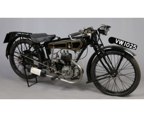 A 1927 Matchless model R 250cc motorcycle. Registration VW 1025. Engine number R 4783. With Lucas No. 231 carbide headlamp. T