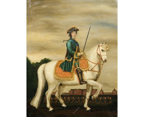 After Vigilius Eriksen, large mid twentieth century gilt framed oil on canvas, portrait of Tsarina Catherine II on horseback,