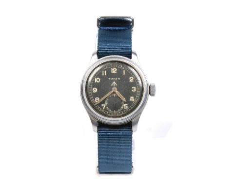 A British Military issue Timor W.W.W. stainless steel manual wristwatch. With black dial bearing the broad arrow mark, having