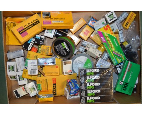 A Tray of Unused Camera Film, 35mm, 120 and other, expiry dates from the 1970s to the 1990s with a few later, including Agfa,