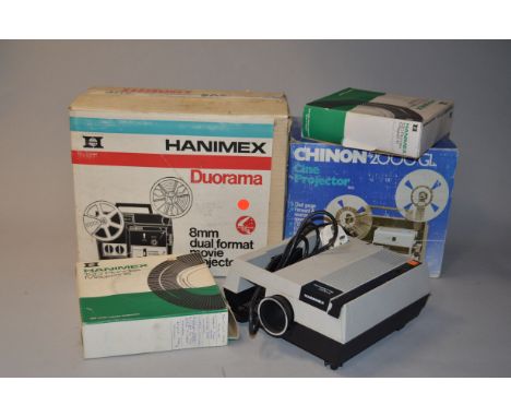 Two 8mm Silent Cine Projectors and a Slide Projector, a Chinon 2000GL (lamp does not illuminate) and a Hanimex Duorama 1000, 