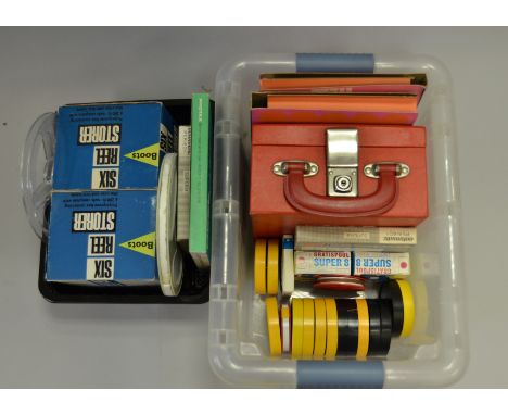 Super 8 Amateur Films, 8mm Spools and 8mm Storage Boxes, including fifteen 400 ft spools with processed camera film, two Boot