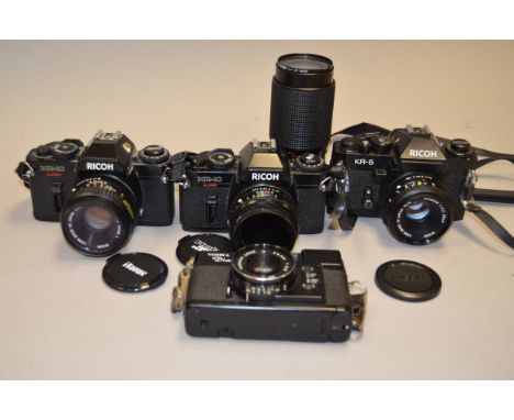 A Gadget Bag of Ricoh SLR Equipment, including a Ricoh KR-5 camera with Riconar 55mm f/2.2 lens, Ricoh K-10 Super camera with