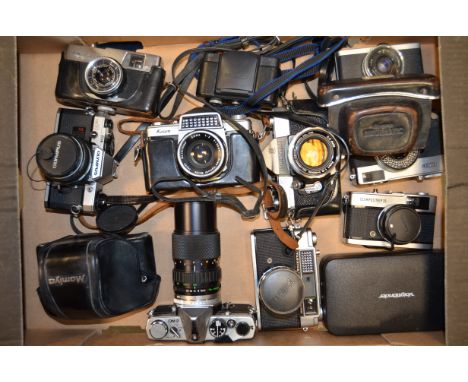 A Tray of SLR and Compact Film Cameras, including a Petri Penta V6 , a Kowa Model E, a Mamiya ZE , Olympus OM2, Olympus OM10 