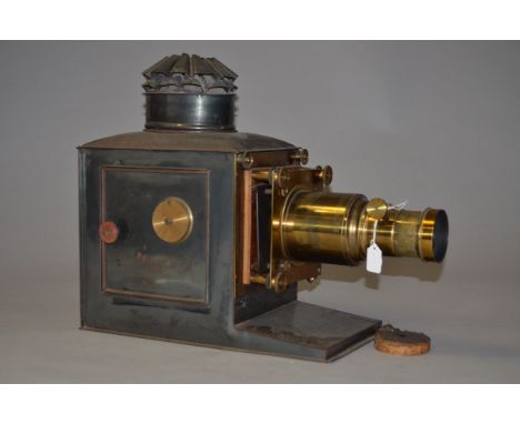 A Broadhurst Clarkson &amp; Co Magic Lantern, mahogany, brass and Russian iron magic lantern with later illuminant