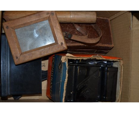 A Group of Vintage Photographic Film Processing Accessories, including a Watkins Time Thermometer in maker's wooden tube, a b