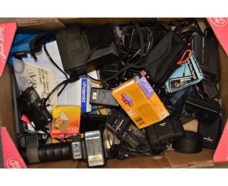 A Tray of Cameras and Accessories, including a Polaroid Sun 600 LMS camera, a Panasonic Lumix DMC-TZ60 (broken battery cover)
