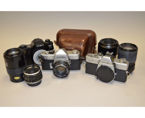 A Group of Minolta SLR Bodies and Minolta Lenses including SR-1 serial no 2377112, shutter working with Auto Rokkor-PF 53mm f